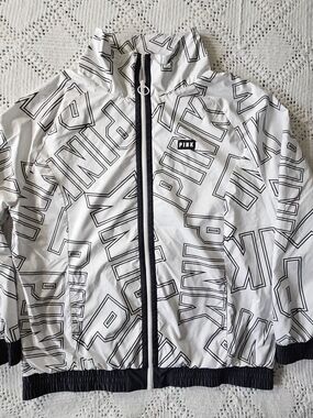 PINK Victoria's Secret White/Black Outlined Logo Windbreaker Jacket M/L